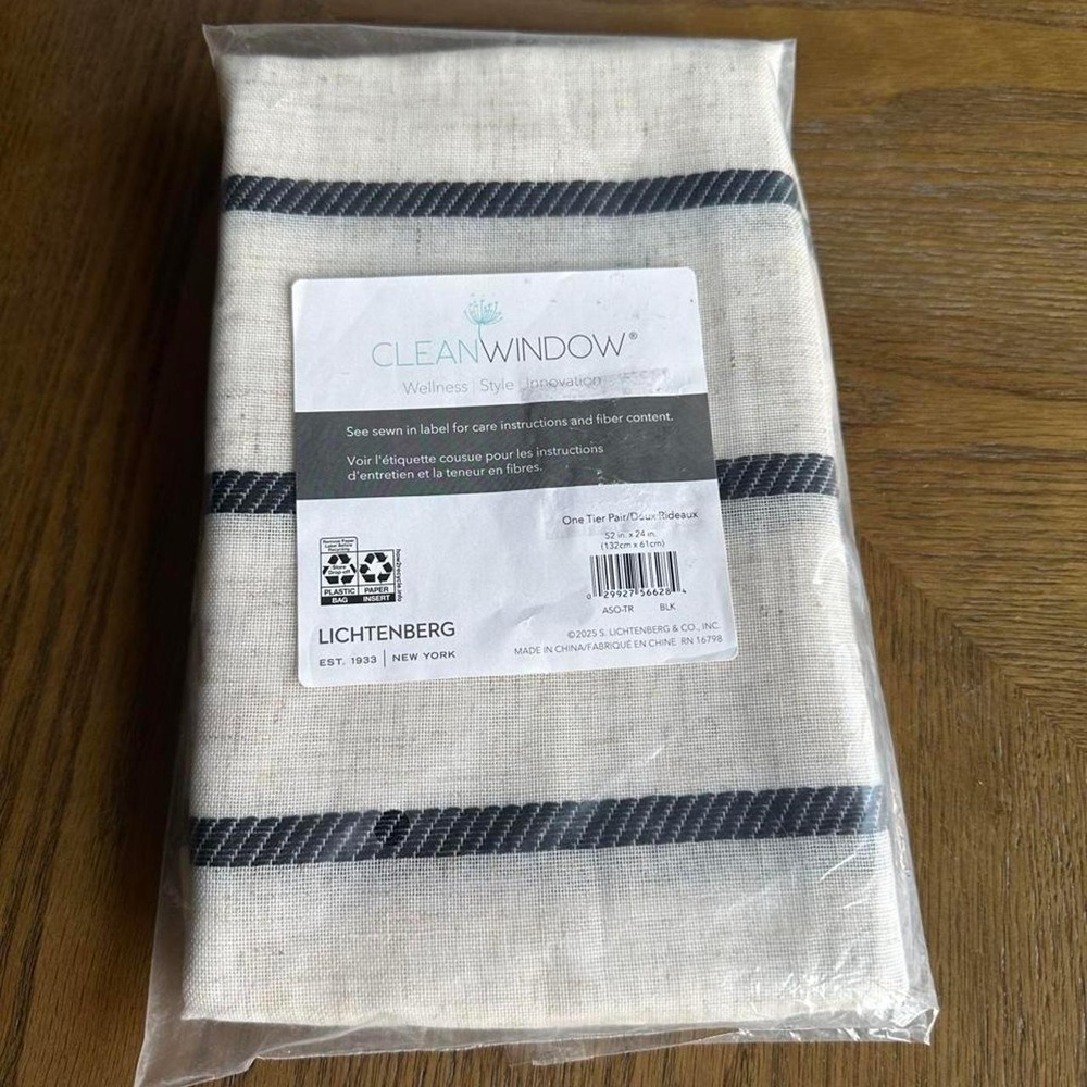 CleanWindow Lichtenberg Striped Tier Pair Curtains 52x24 Black Cream ASO-TR BLK